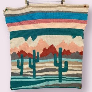 Southwestern Handmade Knitted Wall Hanging Blanket Throw Cactus Mountains